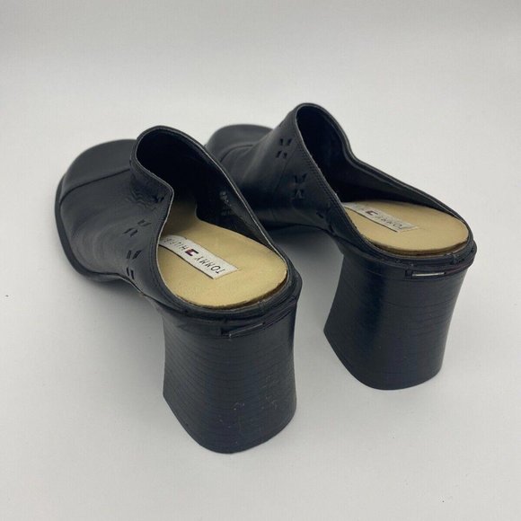 y2k Vintage Tommy Hilfiger Women's Black Chunky Heels Sandals Slip On Leather 6M - Picture 4 of 4